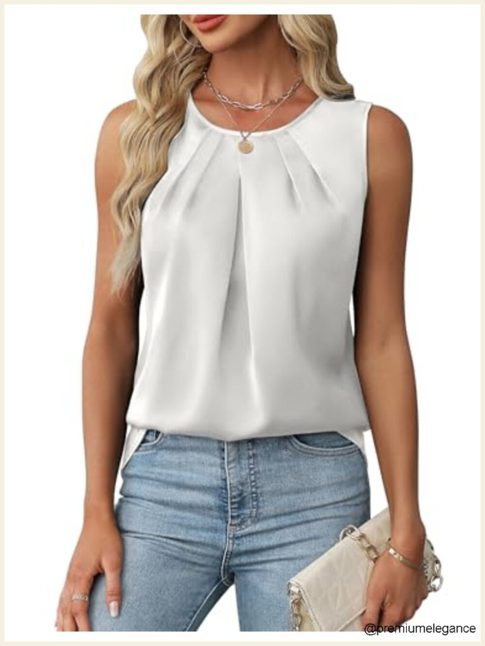 Silk Satin Sleeveless Tank Top Women's Business Casual Pleated Round Neck